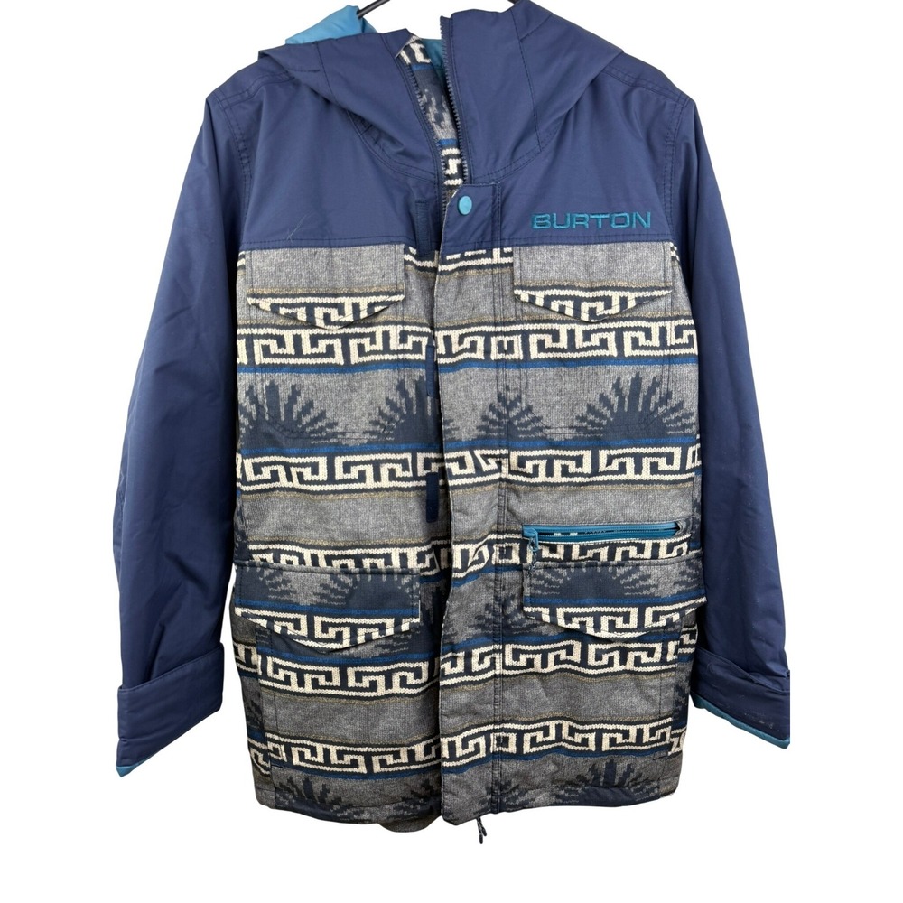 Burton Living Lining Hooded Snowboard Jacket Blue Geometric Pattern Mens Small